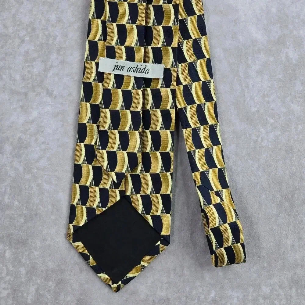 Jun Ashida Gold Blue Geometric‎ 100% Silk Neck Tie NWOT